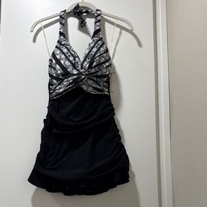 Black and White Halter Swimsuit Dress